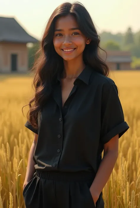 16-year old indian cute girl with black hair and shes height 4 fit smile on her face,neautral skin wearing a black shirt and pant , standing amidst a field of villages , soft light illuminating the scene, detailed textures on her outfit, ultra-realistic, 4...