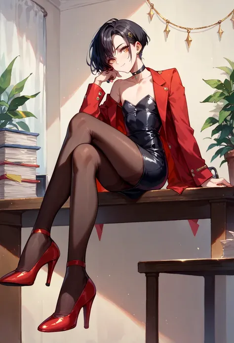 Sitting on table in random office. Femboy flat chest, he, dark pantyhose, black dress, High heels (long heels) , red jacket, black hair, short shag styled Hair