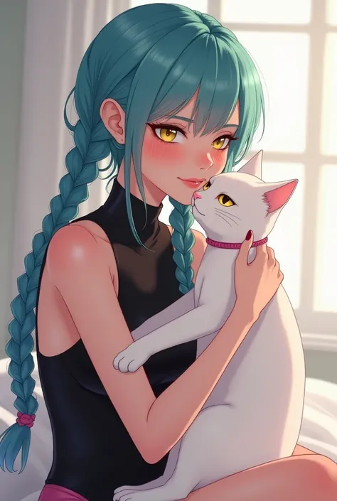 A young woman with vibrant teal pink braids holds a white cat close, exuding a soft, friendly charm. Her expressive eyes and gentle smile create a warm atmosphere. She embraces the cat comfortingly with a light touch. Her close-up pose showcases the glossy...