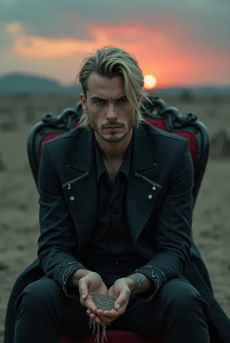 Imagine Victor, a handsome adult man with chin-length, medium-blond hair styled in layered cuts, blending rebellion with elegance. Dressed in a sleek, dark coat with subtle silver embroidery, he sits on a gothic chair, amidst a desolate, ashen wasteland. H...