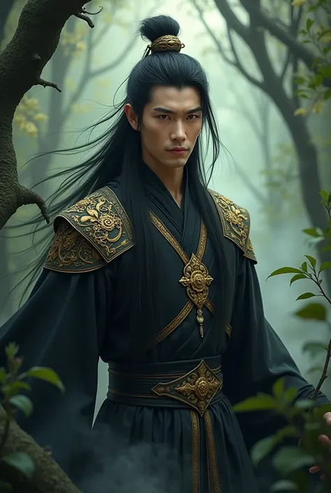 a handsome Chinese man has sharp Chinese features, tall and slender, dressed in a black and gold ancient Chinese costume. His long black hair flows down to his shoulders, and his intense black-and-yellow eyes stand out. His magical power is the ability to ...