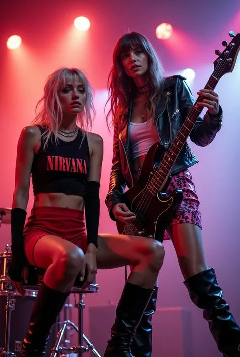 Two remarkable energetic young girls on the stage of a rock concert. The first girl is a beautiful, white and pale young, energetic drummer. She has light colored blond hair. She is wearing a black sleeveless crop top with red "Nirvana" written on it and a...