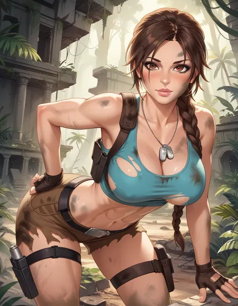 anime_source, (masterpiece), best quality, expressive eyes, perfect face, score_9, score_8_up, score_7_up, 1girl, lara croft, abs, braid, breasts, brown eyes, brown hair, holster, large breasts, lips, looking at viewer, navel, solo, thigh holster, thigh st...