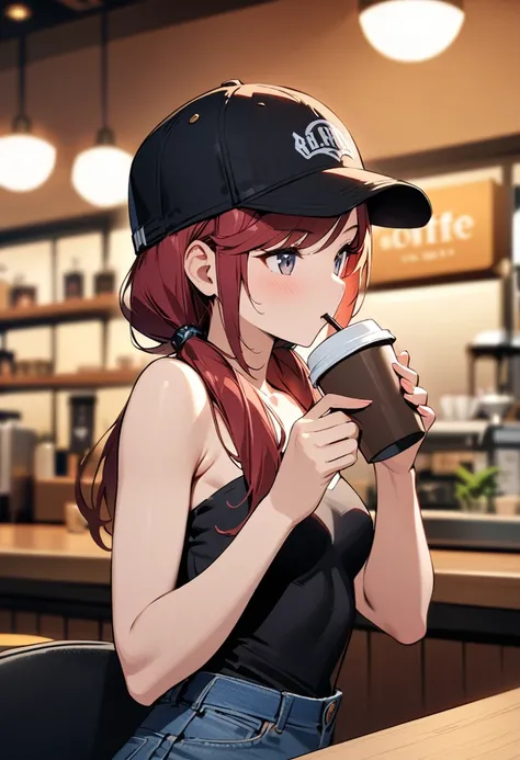 (solo)，masterpiece，Extreme details，HD，Beautiful illustrations，amazing，medium view，Upper Body，A woman，(extremely detailed neat hair)，dark red hair, low twin tails, gray eyes, swept bangs, small breasts, toned arms, strapless black sleeveless shirt, black ba...