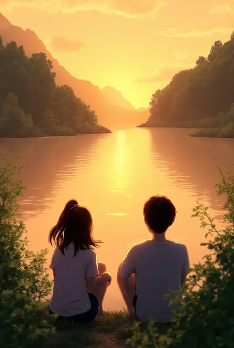 Girl is sitting with boy and watching the river bank and sunset generate high quality 