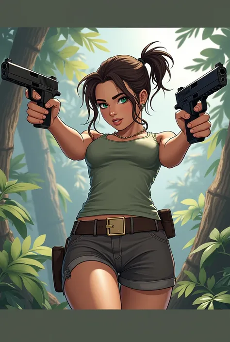 a close up of a woman holding two guns in a jungle, lara croft, portrait of lara croft, tomb raider beautiful,(pose americano :1.4), epic digital art illustration, tomb raider, deviantart artstation cgscosiety, lara croft relaxing, hd artwork, high quality...