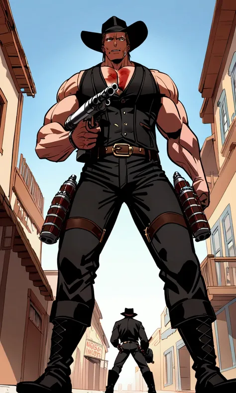 the T-800 (Schwarzenegger, age 30, physical prime, black cowboy outfit, black cwboy boots, black hat, several bloody bullet wounds), menacing, carrying a Gatling gun one handed, ammo bandolier, old west town, viewed from a low angle, show all of him
