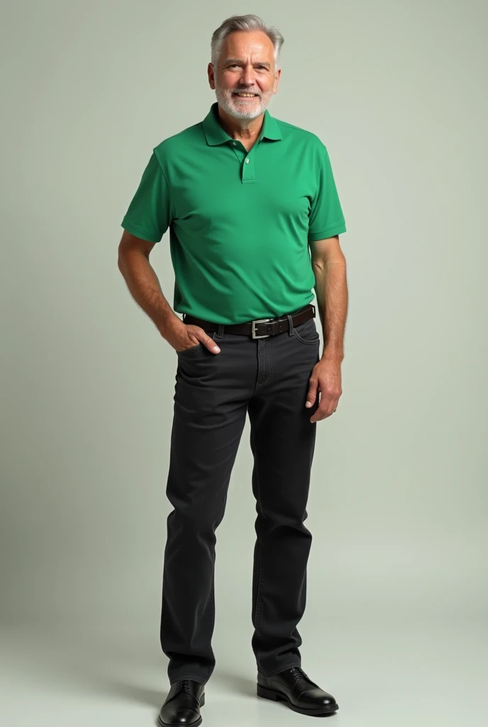 Man wearing Ginda polo shirt and black jeans. full body 
