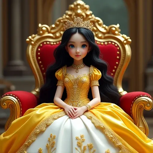 A  12 yr old princess, Long Hair, Blue eyes, Black Hair, sitting in golden chair with crown and her dress is royal white with combination of yellow and red shes human with ai 