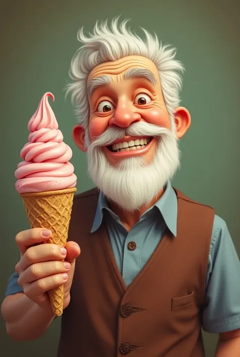  Create a grandpa with ice cream in hand,  who says  "Helados Rigó " 