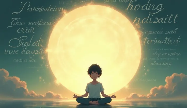 
Prompt 1: A serene illustration showing the young disciple meditating in a glowing circle of light, surrounded by the words: "Patience, Trust, Sacrifice, and Self-Realization" written artistically in the background