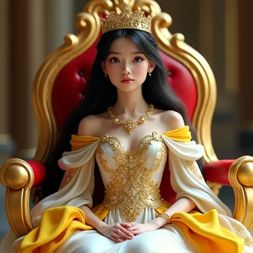 A  12 yr old princess, Long Hair, Blue eyes, Black Hair, sitting in golden chair with crown and her dress is royal white with combination of yellow and red shes human with ai 