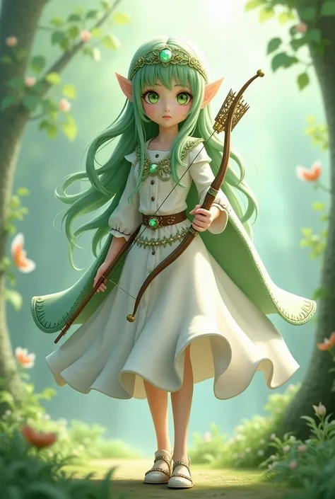  3D anime girl with green hair , green eyes.  She is wearing a headband with green crystal and a white elven dress with a belt.  She is holding a bow and arrow . With cape with hood on her head 