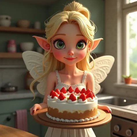 Create an image of a realistic adult women fairy in a kitchen holding a beautiful cake with strawberries on top. She has blonde hair and green eyes, and she is wearing a dress. She is presenting the recently finished cake.