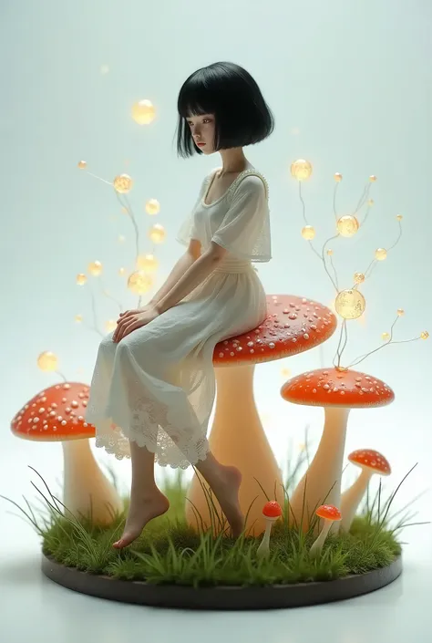 live-action、 real、Vignette、 round base of wild grass 、A few waist-length glass mushrooms、A very beautiful Japanese schoolgirl in a white lace dress sitting on a mushroom、 black hair、 shortcut 、Patsun、Glowing spores dance 、Glowing Mushrooms 、White backgroun...