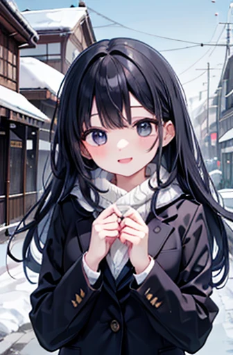 （Beautiful sister:1.3）、 happy face,Winter vibes 、In a suit、Around town、noon, big chest、 black hair long hair、