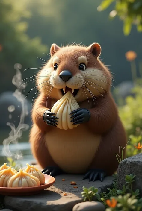 Beaver eating momo food looking realistic