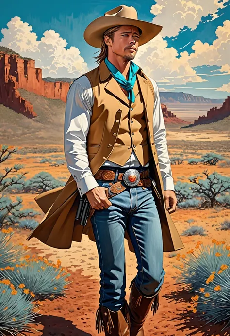 Japanese paintings, Ukiyo-e style, handsome cowboys who look like Brad Pitt, wearing (cowboy hats, duster coats, western shirts, vests, jeans, chaps, western boots, bolo ties, neckerchiefs, gun belts, turquoise and silver accessories), red soil wilderness,...