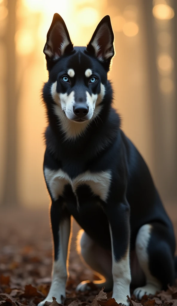 A hyper-realistic portrayal of a hybrid dog that seamlessly combines the traits of a Siberian Husky and a Doberman. This creature features the sharp, angular build and rust-black color palette of a Doberman, enhanced with the thick, luxurious fur and strik...