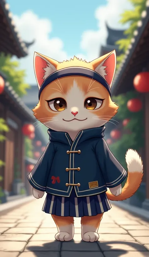 1 cute kitten 。Wearing an old Shinsengumi coat 。The headband is wrapped around the head 。The background is the cityscape of Kyoto。 bipedal。
 reflects natural light to create painterly details and atmosphere。 wearing cheerleading clothes reflects prompts in...