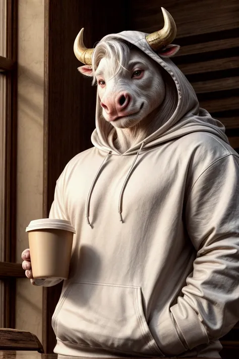  White Nellore bull holding a golden cup of coffee wearing hoodie 