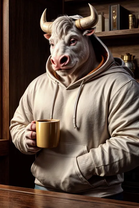  White Nellore bull holding a golden cup of coffee wearing hoodie 