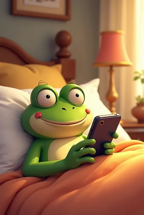 A funny frog picture with a mobile the foxade in his bed with a mobile phone
