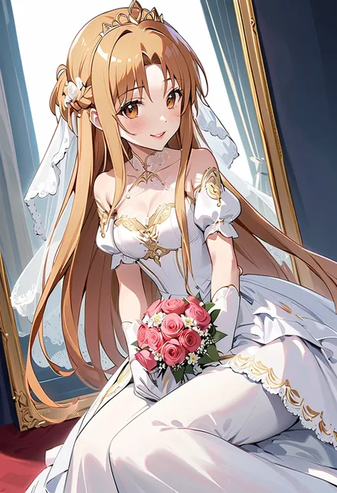  best quality、Super detailed、   Shirahu Panties     、Ultra-high-definition CG、８k size wallpaper、Production art、  Light Novel Illustration 、（１ girls sitting in a mirror )、 Asuna Yuki、Long Hair, bangs,  brown hair,    Brown Eyes   , very Long Hair,    Braide...