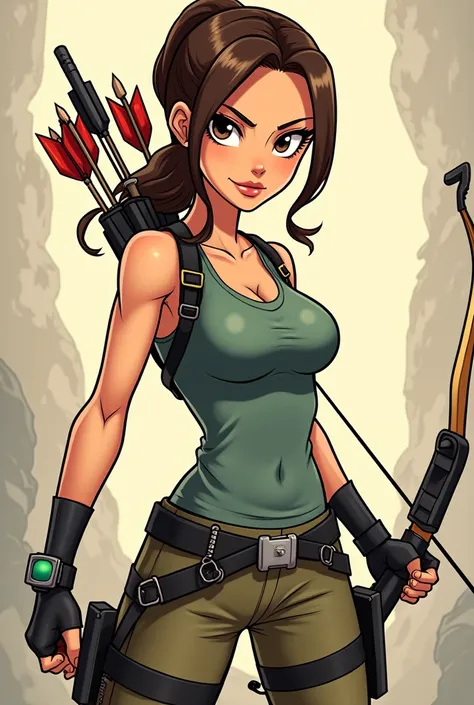 Lara croft, Rise of the tomb raider, arrows in a quiver on the back, holds a weapon bow, anime style, Cartoonish, очень Cartoonish