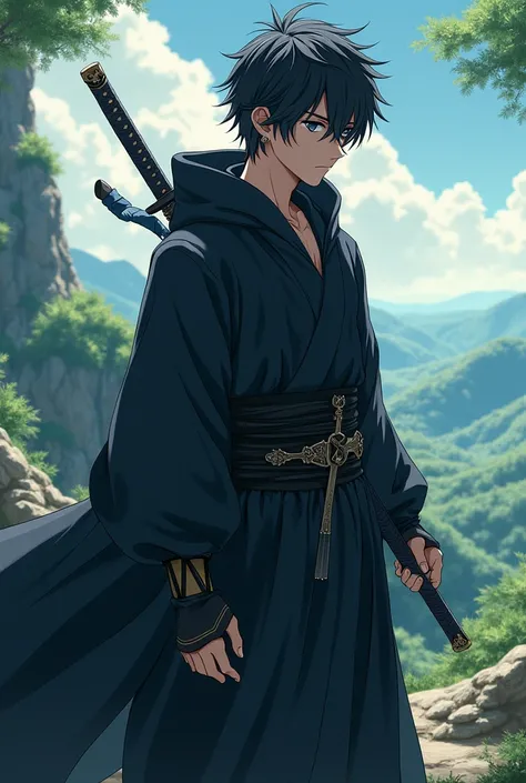 Beautiful boy with black eyes and messy black hair and a hood just like that of scissors seven and a katana like that of scissors seven in black and an anime landscape