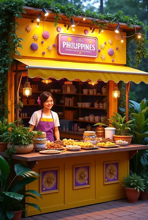 Design a philippine native theme booth with a bright color palette of yellow and purple, featuring a wooden table adorned with tropical plants, colorful signage, and clear containers displaying your filled breadcrumbs with banana ube condensed and banna ch...