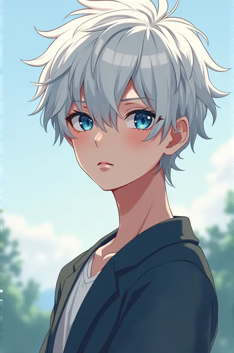 Anime boy with white hair and blue eyes and handsome full body 