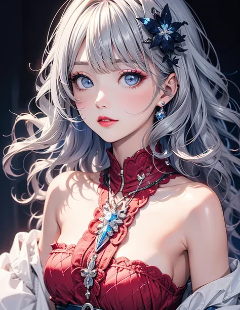 pretty girl, Wavy silver-haired woman, bangs, Bright Blue Eyes, Red lips,  pink dress,くまのぬいぐるみを抱いた