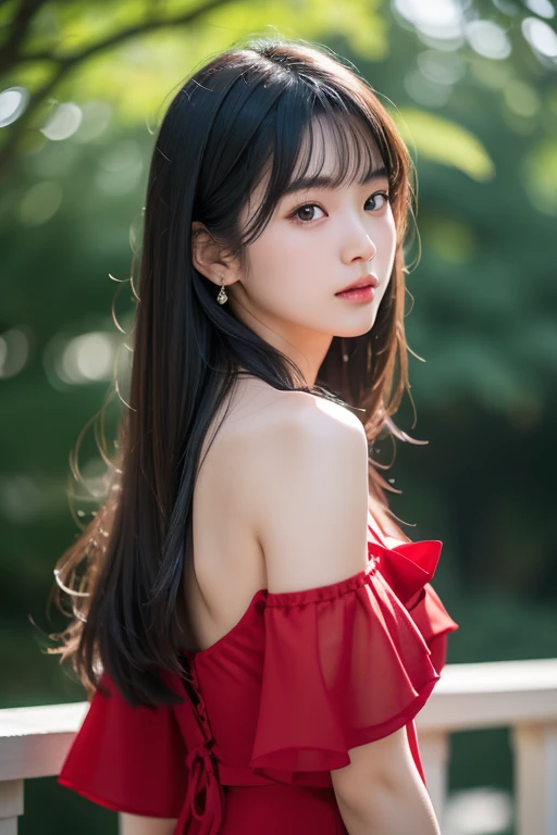 high-resolution image in 8K quality,beautiful 20 year old Japanese girl with black hair, short red dress, full body shot,ltaken with Sony Alpha a9 II and Sony FE 200-600mm f/5.6-6.3 G OSS lens, natural light, hyper-realistic photo, ultra detailed, wide sho...