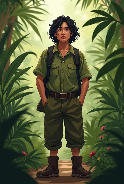 Make me an AI image of male indonesian adventurous environment activist, full body with stand pose, with midlength curly hair and humble face, with lowcut boots