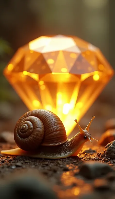 Create an image of a massive snail positioned in front of a large, radiant topaz diamond. The snail’s large, textured shell should have a subtle sheen, contrasting with the brilliance of the topaz diamond, which glows with warm golden and amber hues. The s...