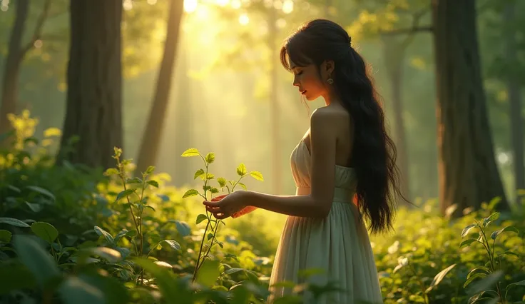 Real 3d cinematic style A serene forest scene with Savitri, a young woman with long dark hair, dressed simply yet elegantly. She is gathering herbs from the forest floor, surrounded by trees and lush greenery. The sun filters through the canopy, casting a ...