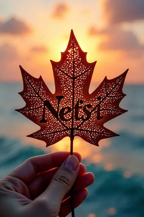 A Maple leaf Typography perforated batik carving forms the name “netsi” spell correctly without wrong, held by a hand, Sunset background on a very beautiful blue ocean edge, there are carved batik motifs on the leaves, HDR Ultra Realistic hyper realistic, ...