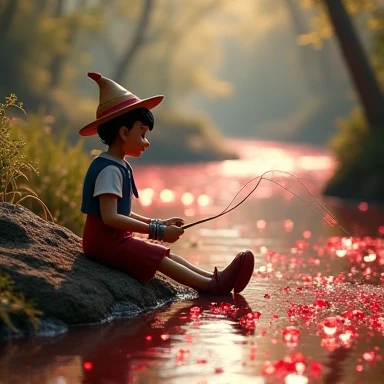 Pinocchio sits on the banks of a river and fishes in a river of red glinzerned diamonds standing next to him is a bong and Snow White massages him 