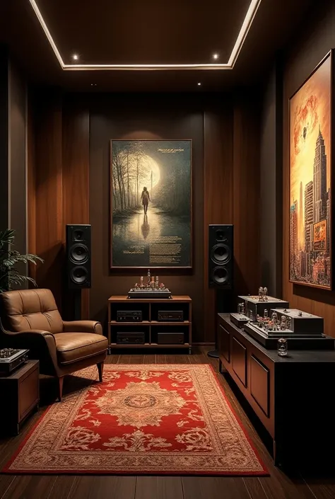 A higly advanced futuristic audiophile room with headphones tube amplifiers arranged and wall movie music posters