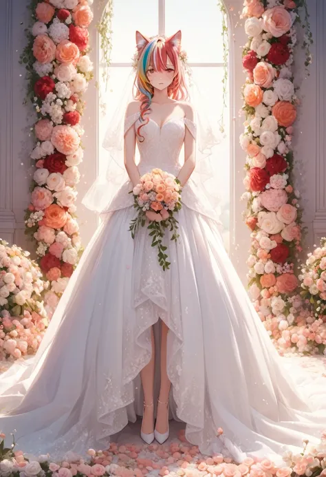  best quality，enchanting girl， finely detail,Depth of field,extremely detailed CG  8k wallpaper, full body,  streaked hair ，lovely ，an extremely delicate and beautiful，kemonomimi_mode，ojousama，multiple girlshalf，，wedding_dress，fine gauze， sad eyes
 ，Hand f...