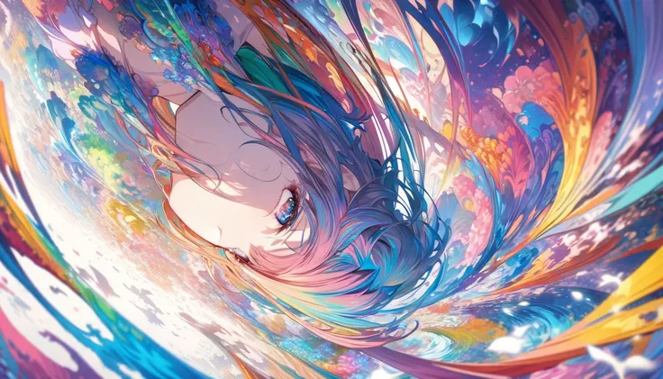 1 person(masterpiece,  best quality,  Official Art:1.2), ( colorful ), perfect anatomy,  watching the audience, one girl , Alone, White background, floating  colorful  water, Ultra-fine illustration,  Highly Detailed ,  dynamic angle ,  beautiful details, ...