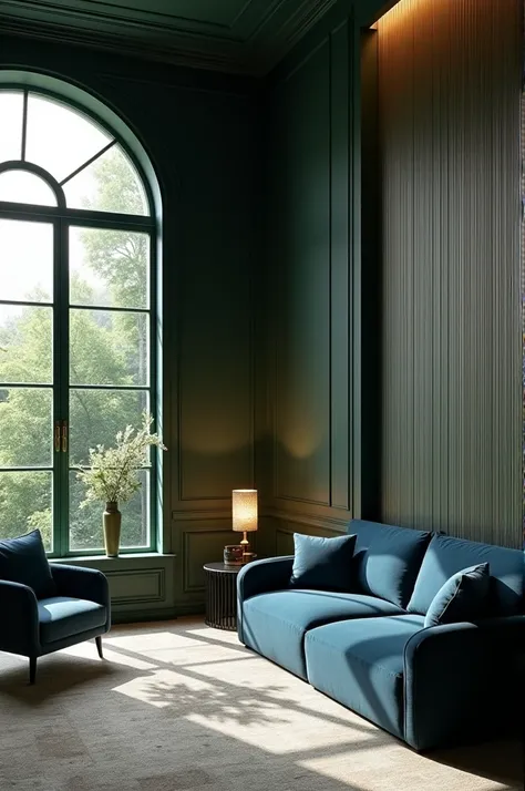 A room with big windows from the left side, with navy blue furniture and hunter green walls, the right wall to have silver lines