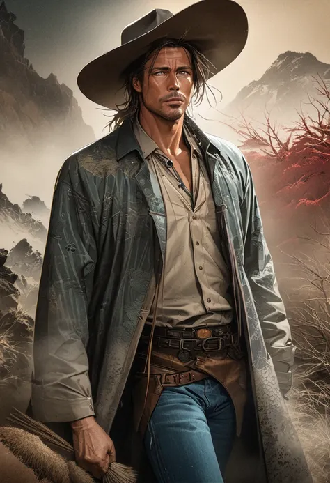 Japanese paintings, Ukiyo-e style, handsome cowboys who look like Brad Pitt, wearing (cowboy hats, duster coats, western shirts, vests, jeans, chaps, western boots, bolo ties, neckerchiefs, gun belts, turquoise and silver accessories), red soil wilderness,...