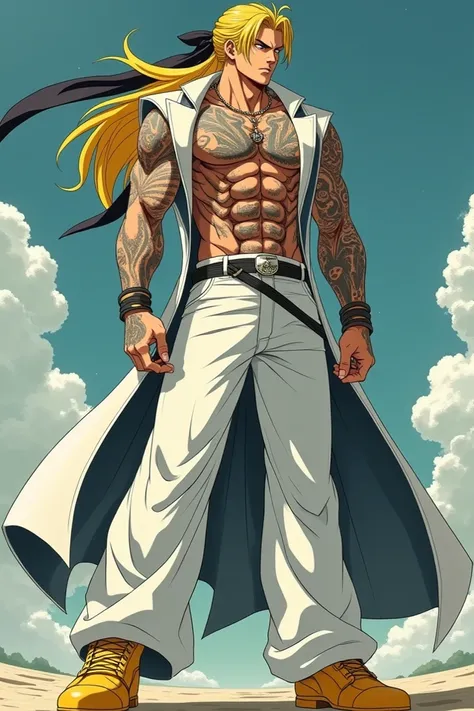 Create a cool, muscular anime cinematic character with long, windblown yellow hair tied with a long black cloth, strong, muscular, big body, full body, dashing, ideal body, Wearing wide white pants, wearing yellow shoes with sharp corners, carrying a round...