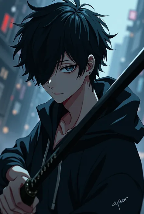 Beautiful anime boy in the background of My Hero Academia a diabolic black hoodie , with messy black hair half a roll with a diabolic black katana with one eye in the middle,beautiful
