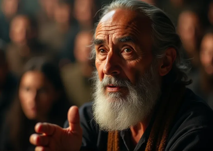 A wise old man teaching a crowd looking at the camera up close only a serious face with determination in his eyes, illuminated by the camera , Cinematic, realistic, I&#39;m 8k