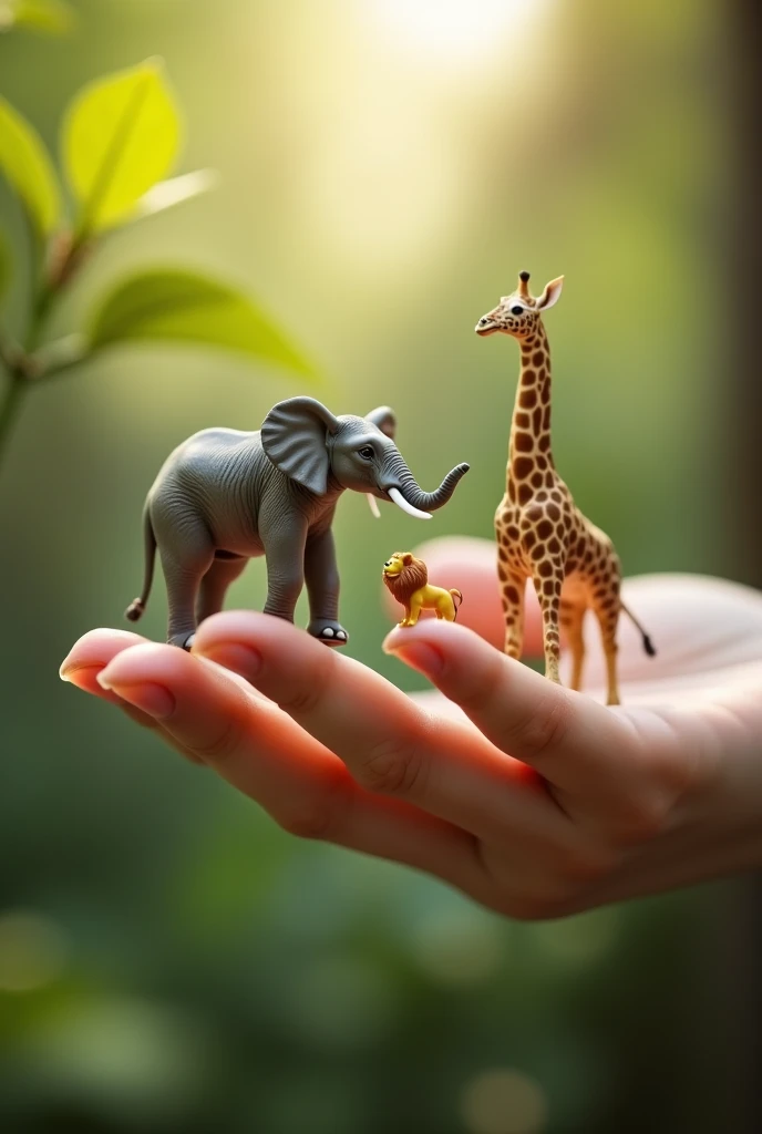 "A hyper-realistic close-up image of a human hand with an extended index finger, showing tiny animals perfectly balanced on the fingertip. The animals include a miniature elephant, a tiny lion, and a microscopic giraffe, all rendered in vivid detail with l...