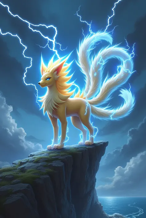 A reimagined Ninetales with nine flowing tails, each shimmering with electric blue energy that crackles and sparks in the air. Its golden fur glows faintly, highlighted by streaks of lightning coursing along its sleek body. The creature stands majestically...