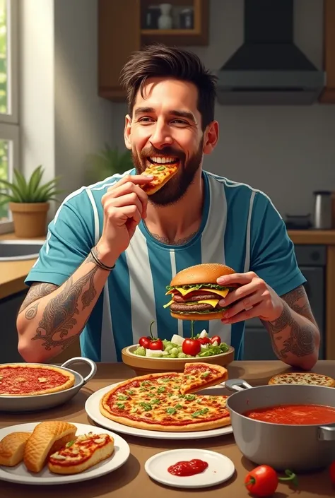 Messi is eating burger, pizza and cooking